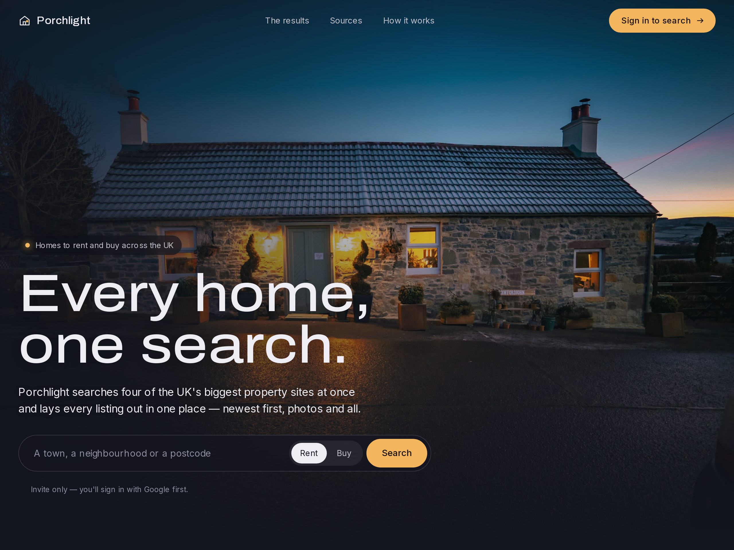 Porchlight — Property search system that queries Rightmove, Zoopla, SpareRoom and OpenRent at once and merges every listing into one normalised feed.
